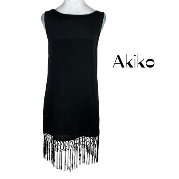 Akiko Black Pure Silk Party Event Occasion Fringe Dress NWOT Size XS - Picture 2 of 12